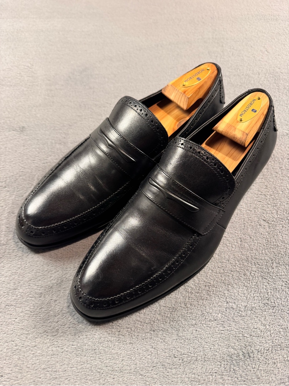 Zanzara Men's Black Leather Penny Loafers with Subtle Brogue Trim
